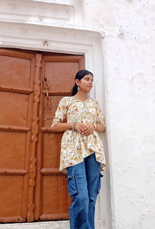 Basanti - Cream floral print kurti