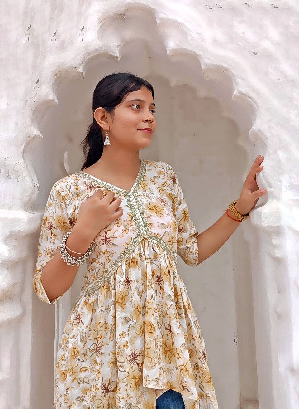 Basanti - Cream floral print kurti