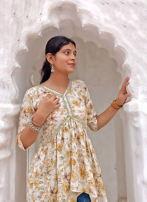 Basanti - Cream floral print kurti